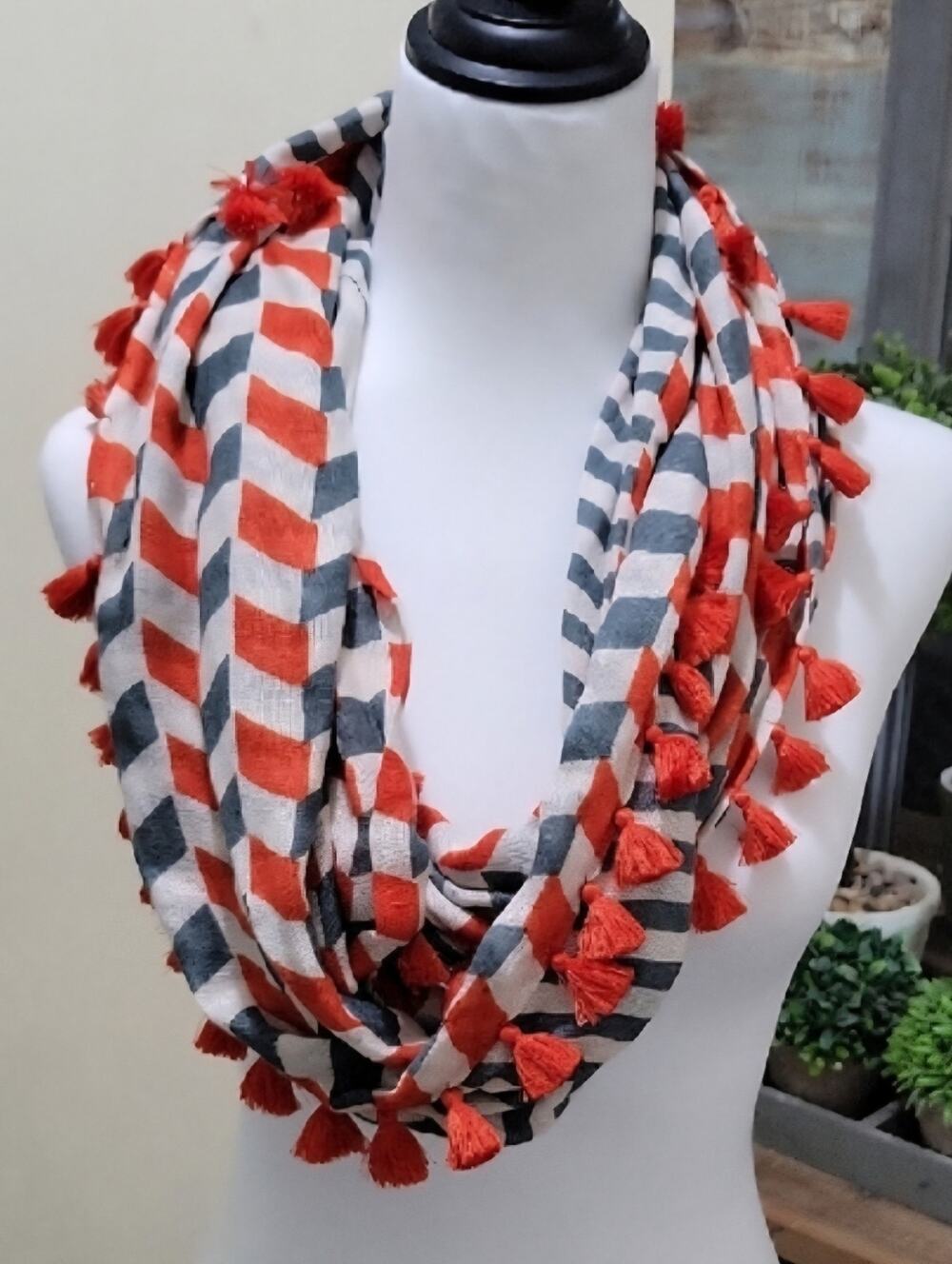 Tolani Silk Blend Chevron Stripe Infinity Scarf in Red, Gray & Cream, Tassels